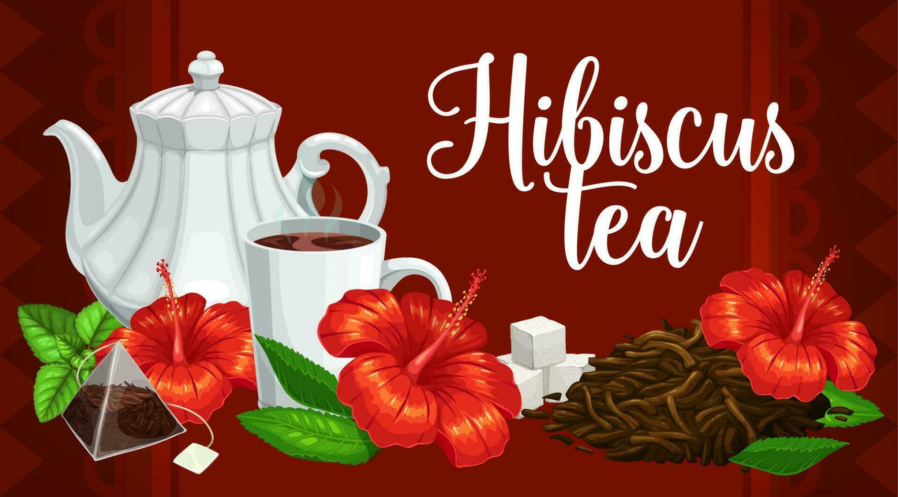 Herbal tea, hibiscus flower, teabags and teapot vector