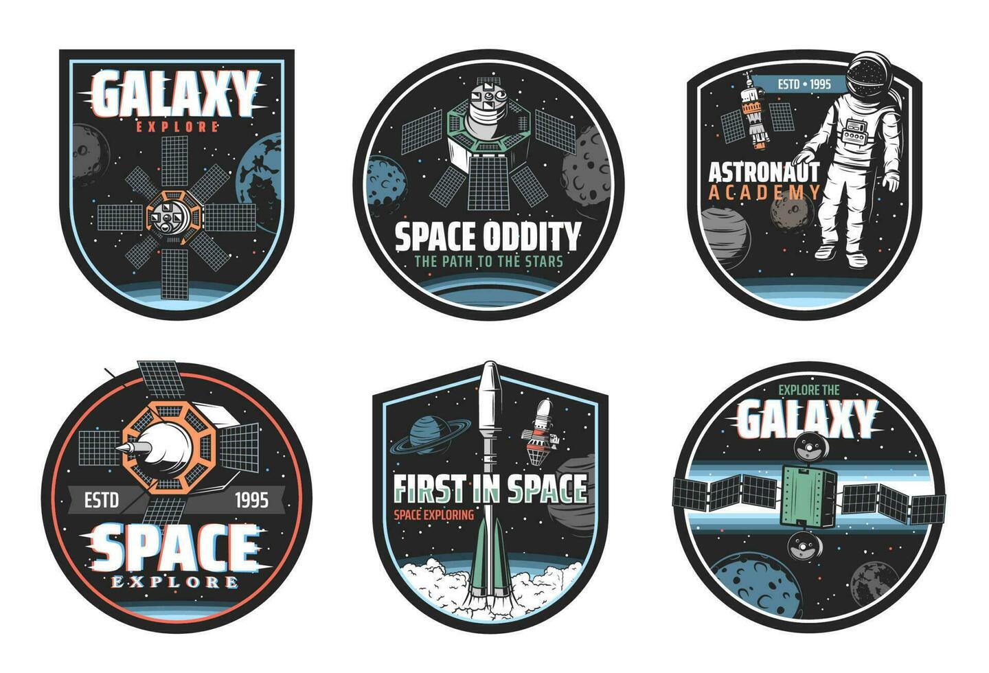 Space and galaxy icons of spaceships and astronaut vector