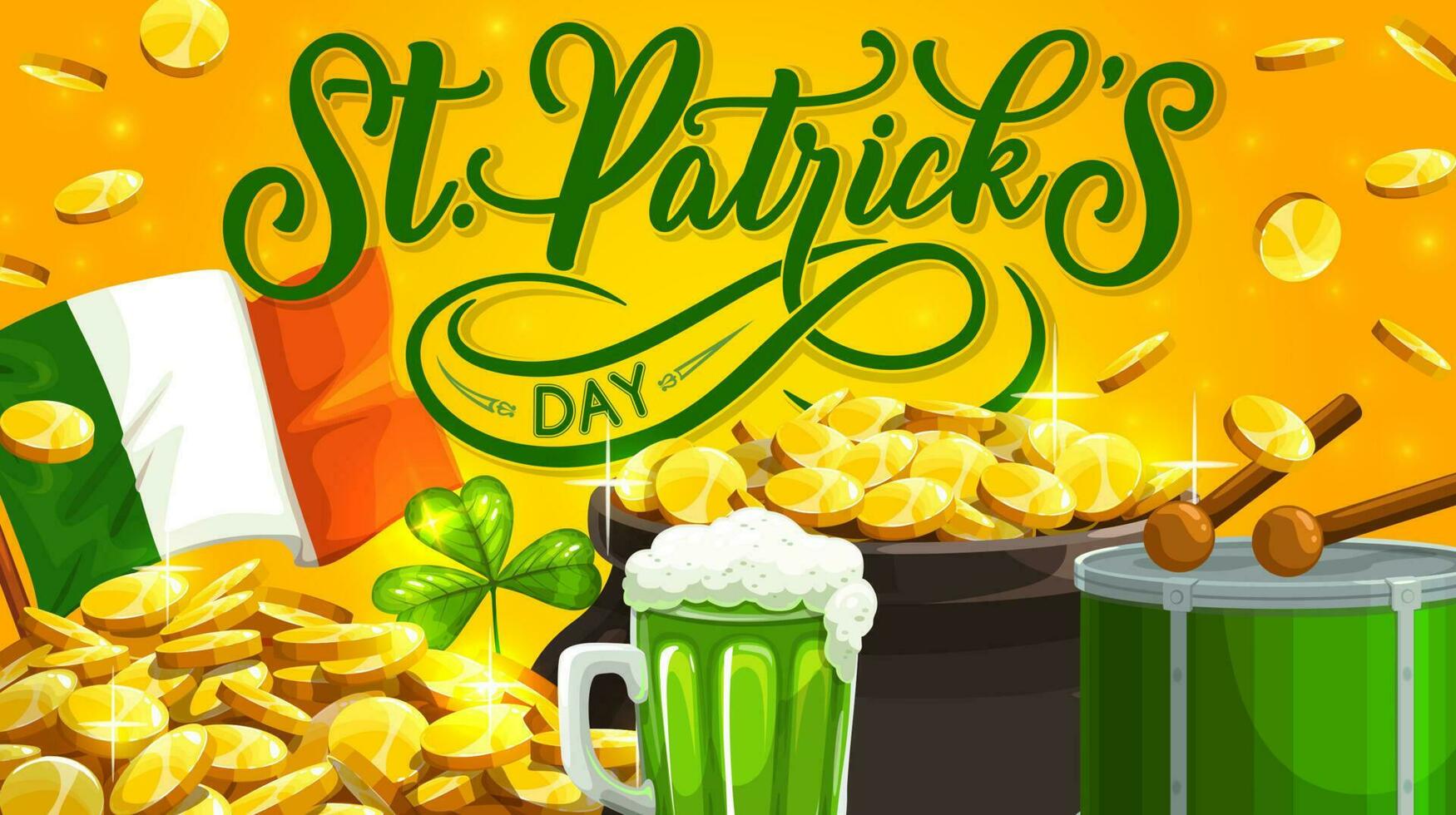 Happy Patricks day, Irish flag and gold coins vector