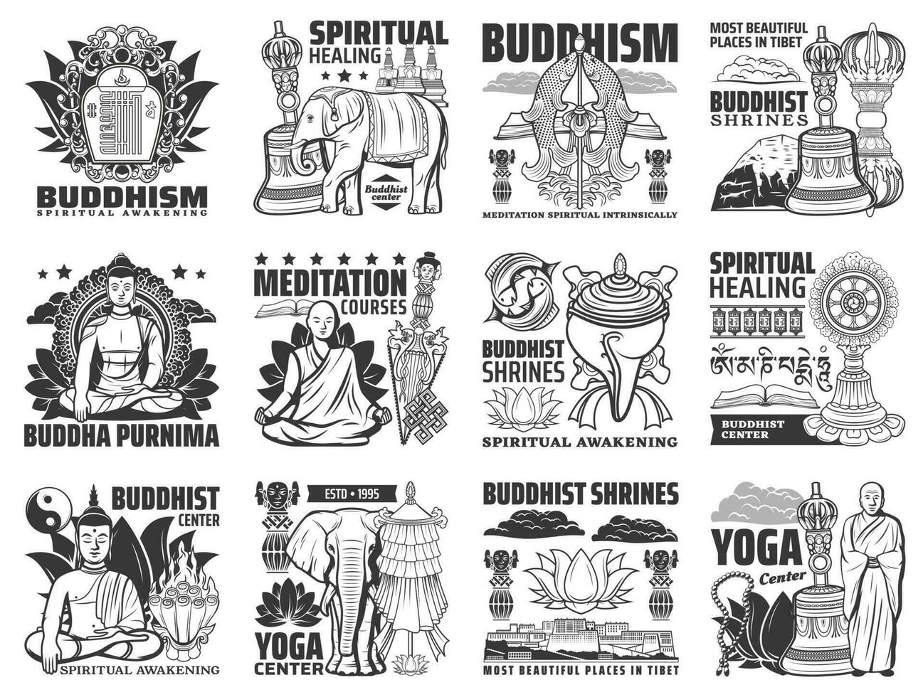 Buddhism religion, yoga, Buddha meditation icons vector