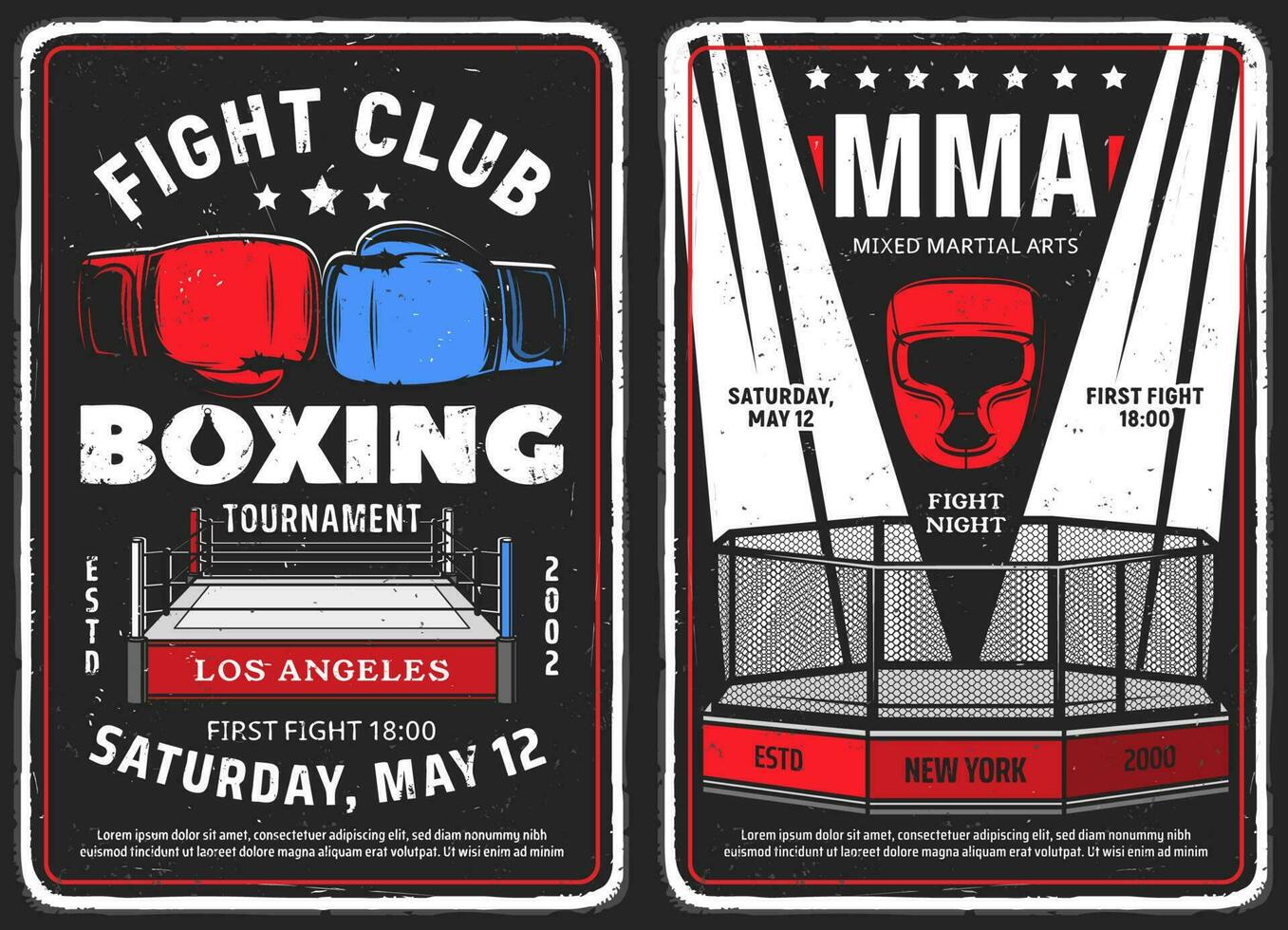 Fighting club, boxing tournament retro posters vector
