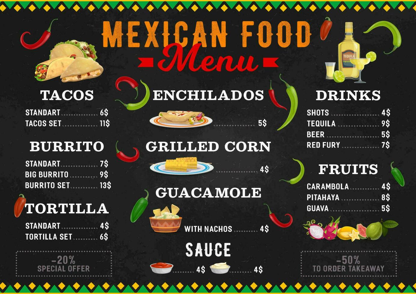 Mexican food vector menu meals cartoon design
