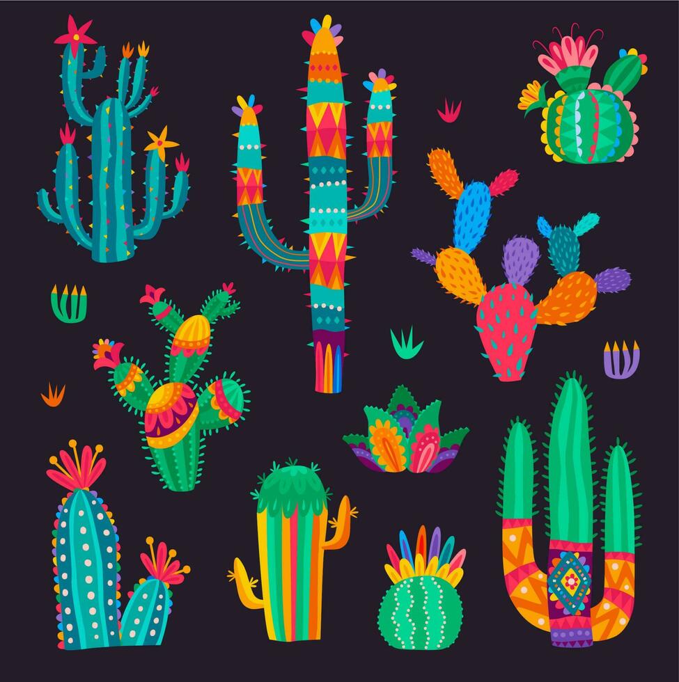 Cartoon mexican cactus flowers, desert succulents vector