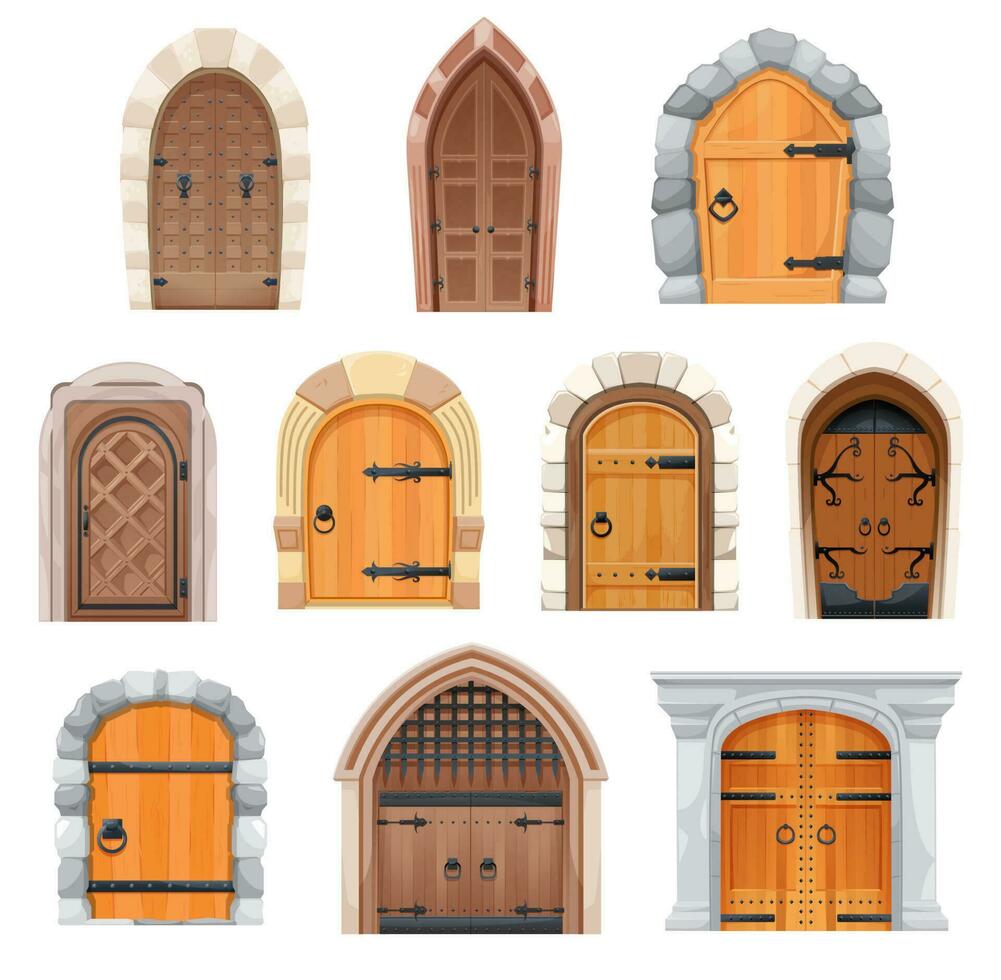 metal y de madera medieval puertas y puertas conjunto vector