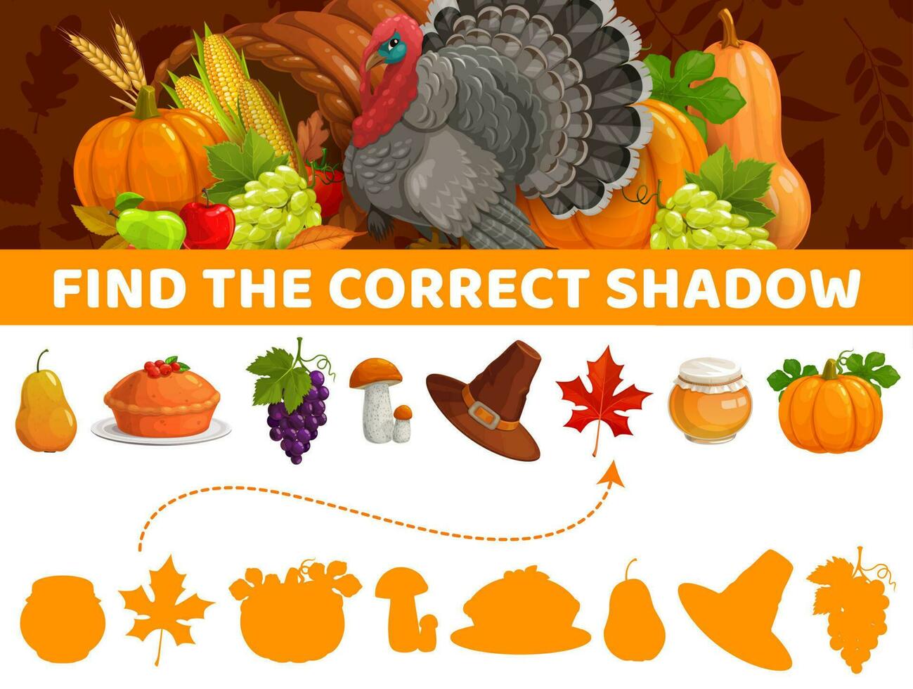 Find correct shadow, Thanksgiving autumn kids game vector