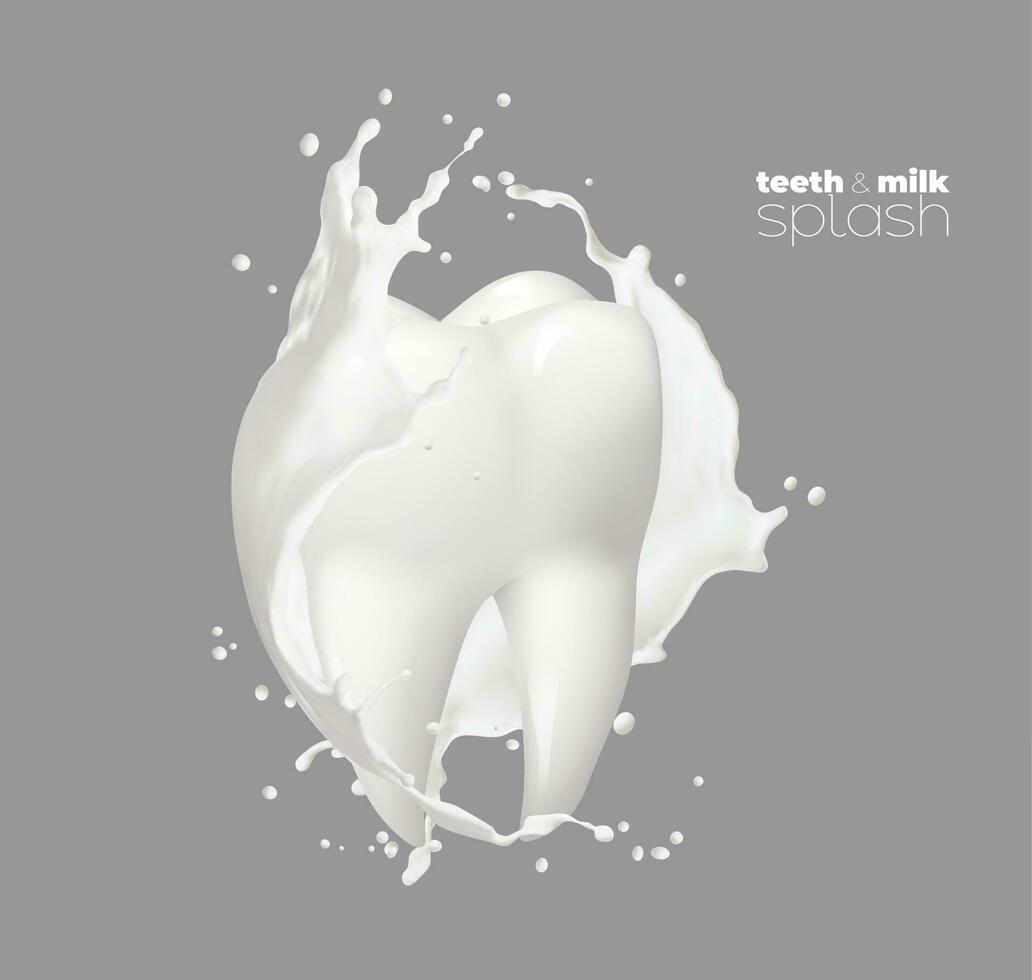 Realistic tooth with white round milk or yogurt vector