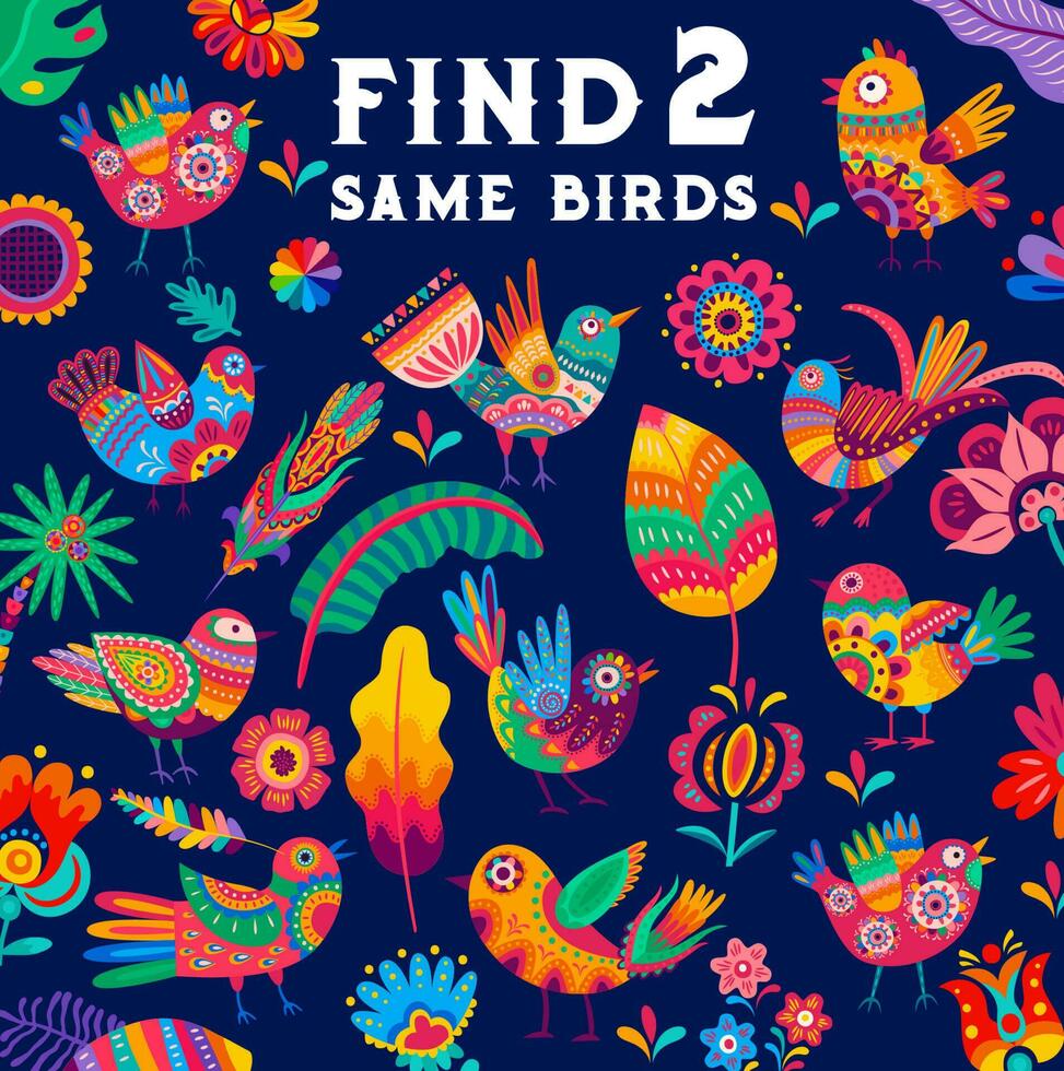 Cartoon mexican alebrije on find same birds game vector