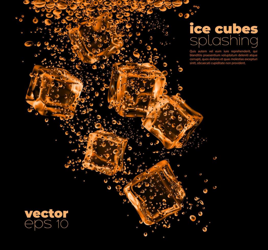 Frozen ice cubes in whiskey, cognac or rum liquid vector