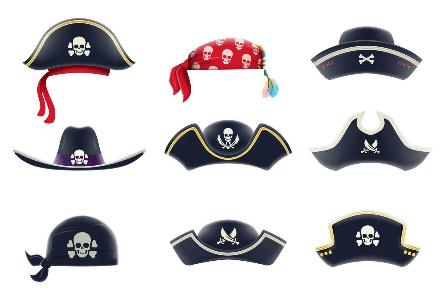 Cartoon pirate captain tricorn hats and bandanas vector