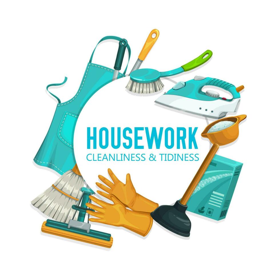 Housework tools and utensils, cleaning supplies vector