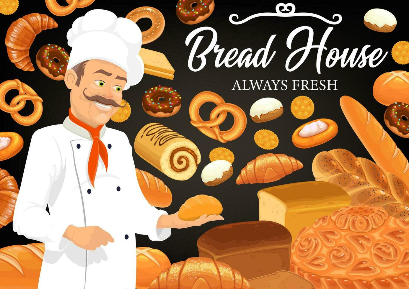 Baker, bread, baguette and pastries. Bakery shop vector