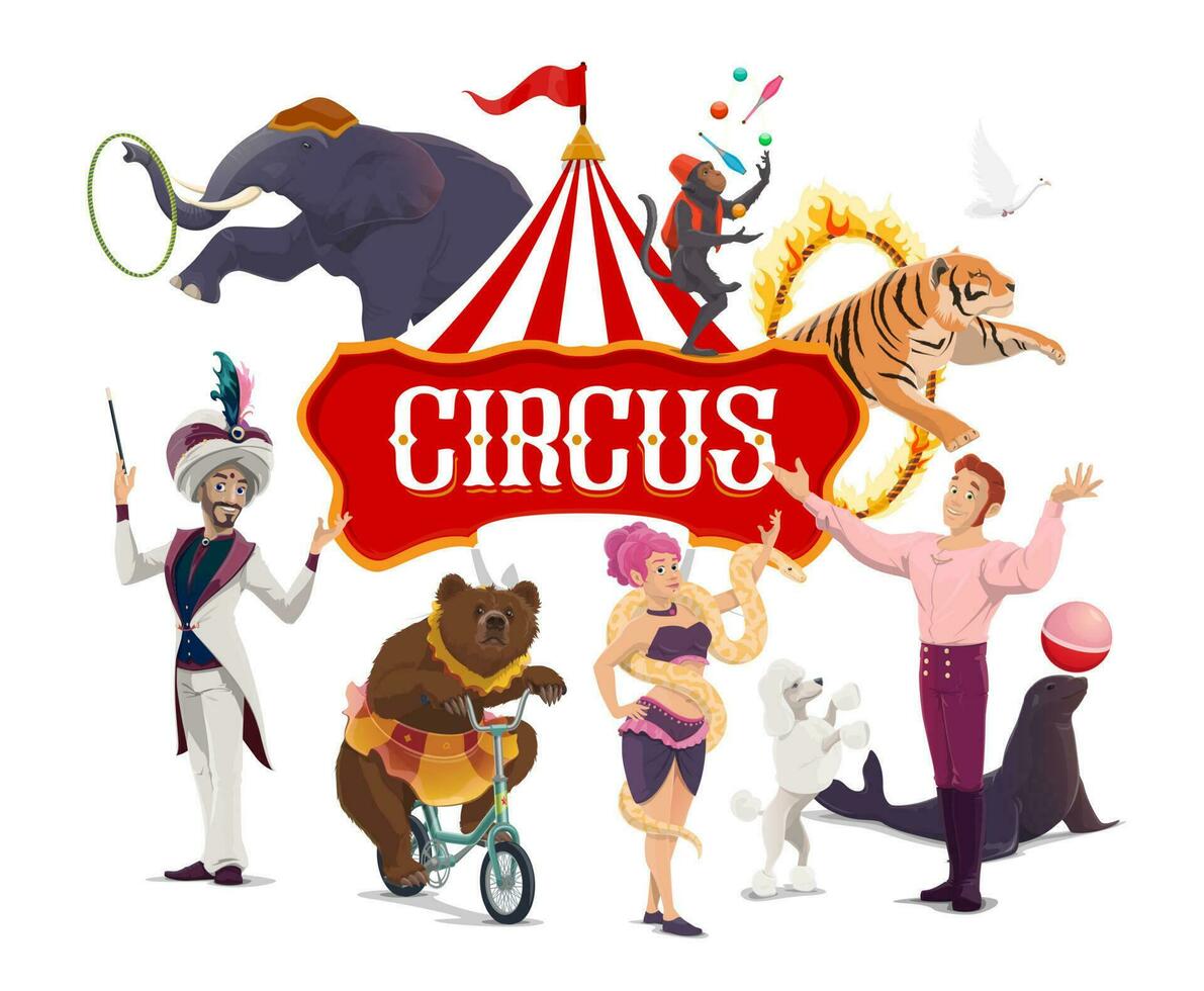 Big top tent circus show artists vector poster