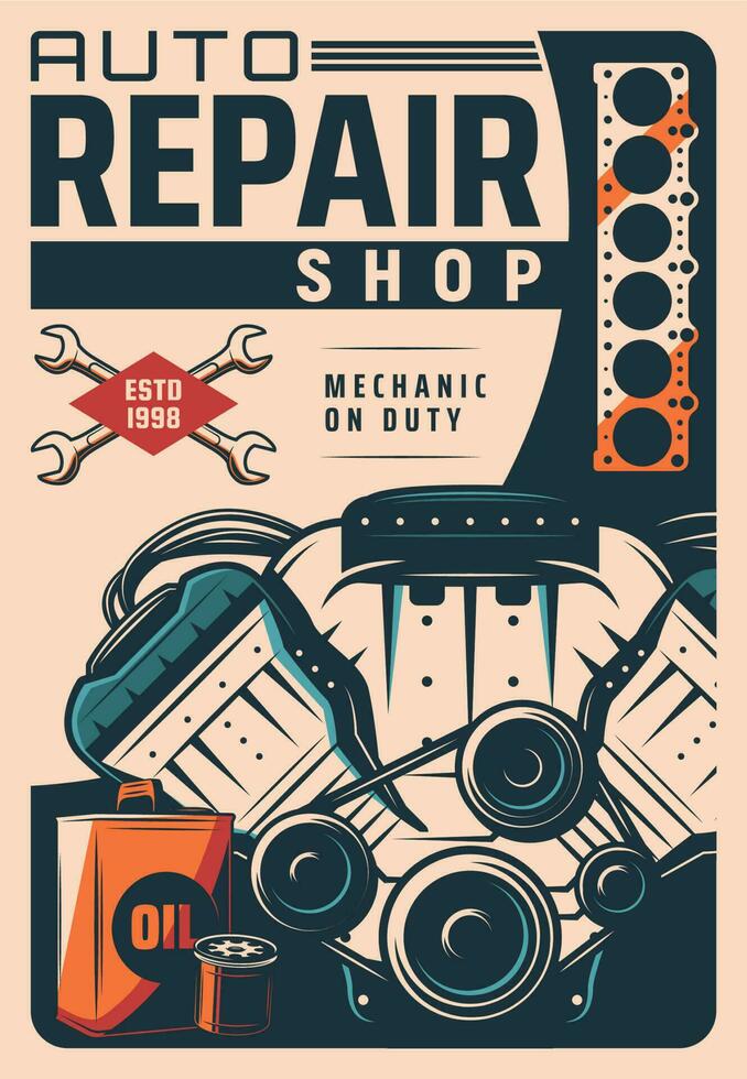 Auto repair service shop vintage vector poster