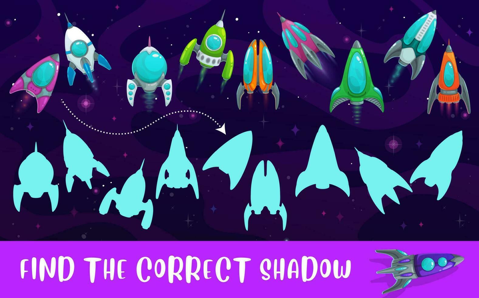 Kids game shadow match with cartoon rockets riddle vector
