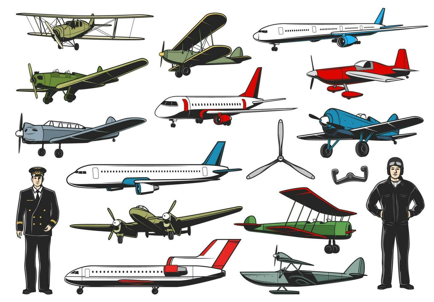 Modern and old aircraft, pilots in uniform vector