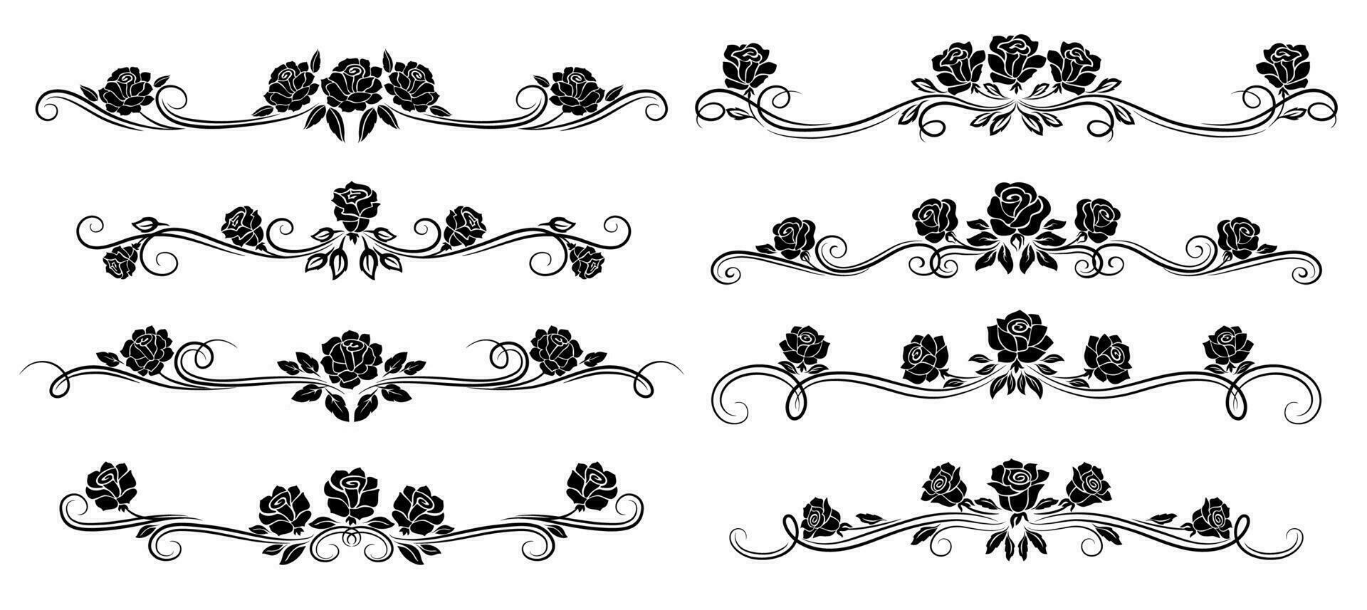 negro Rosa flor fronteras, divisores, floral remolinos vector