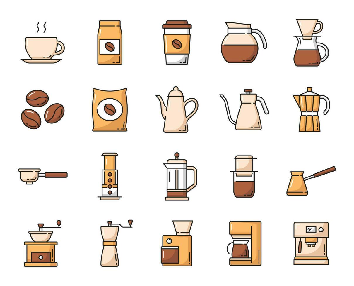Coffee drinks, beans and pots line vector icon set