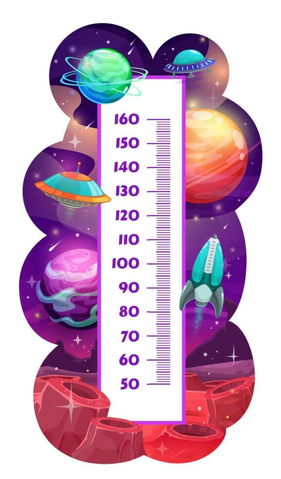 Kids height chart meter, cartoon space planets vector