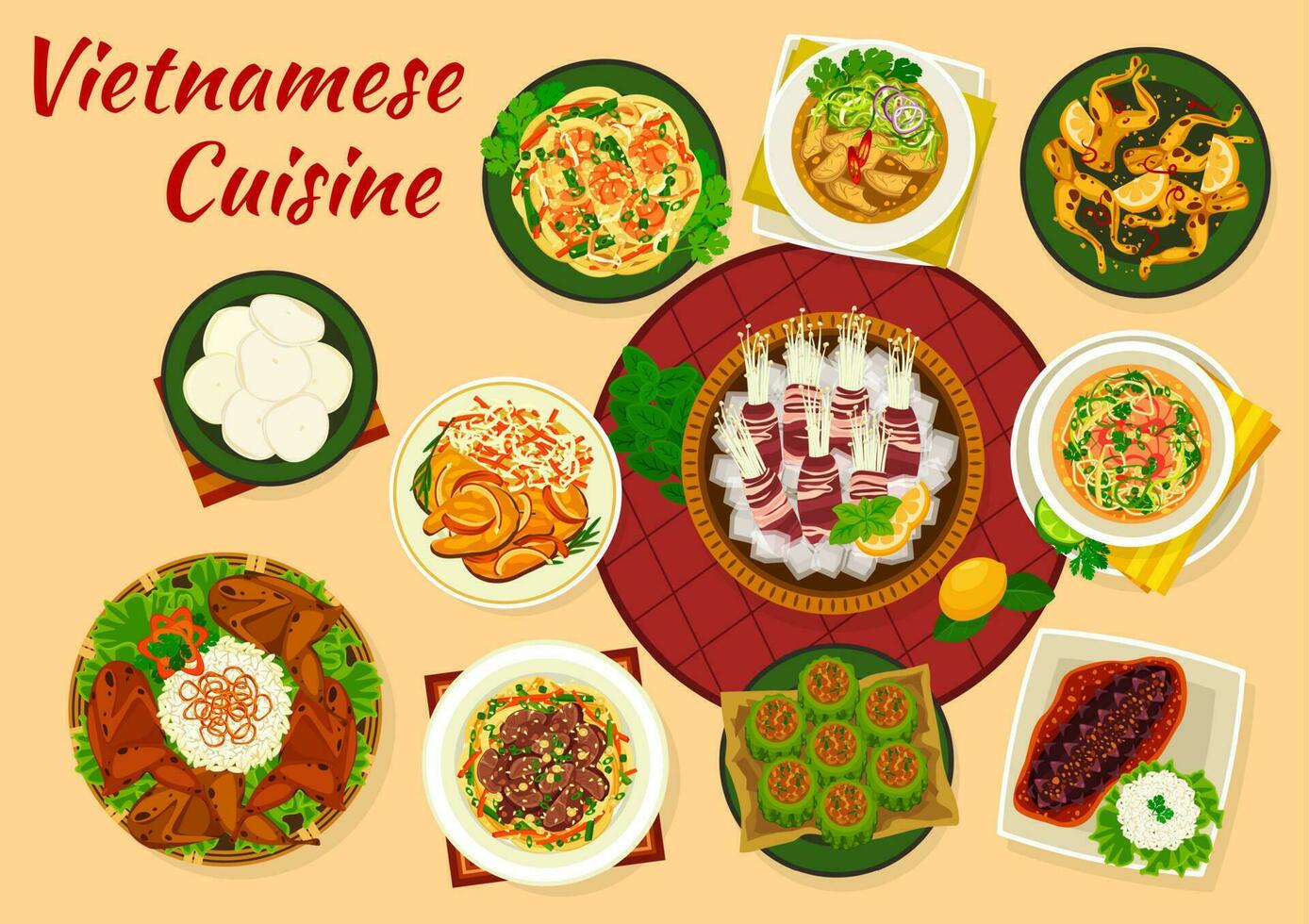 Vietnamese cuisine, Asian dishes of veggies, meat vector