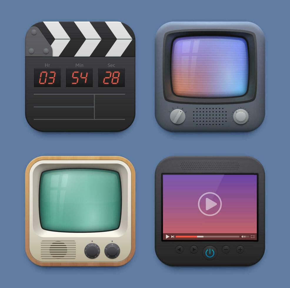 Movie clapper board, TV and video player icons vector