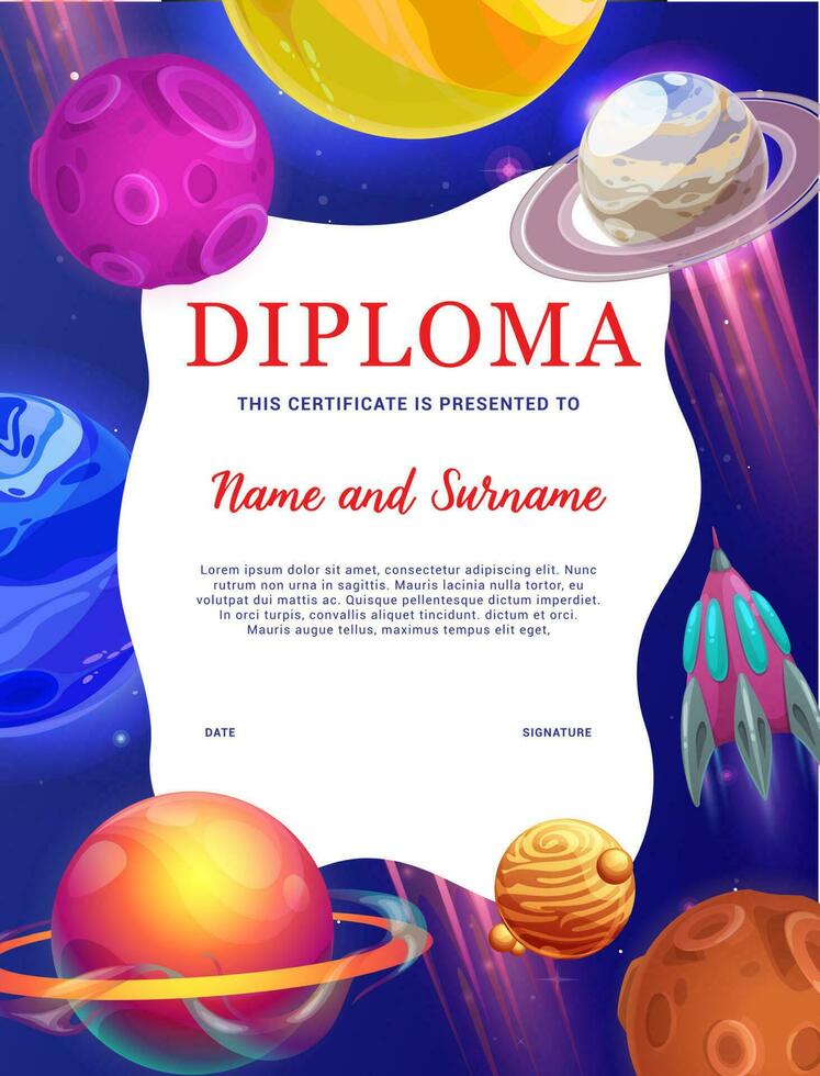 Fantastic universe, kids diploma, galaxy planets vector