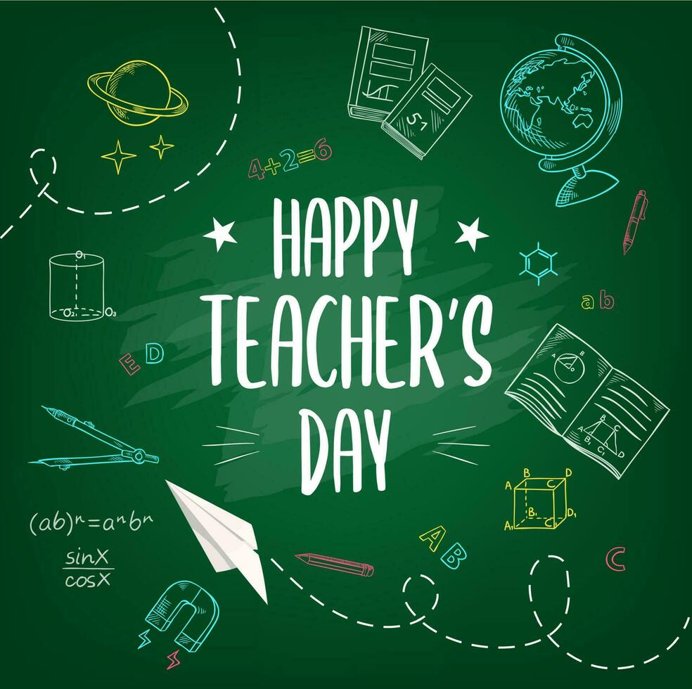 Happy teachers day, school chalk sketch background vector