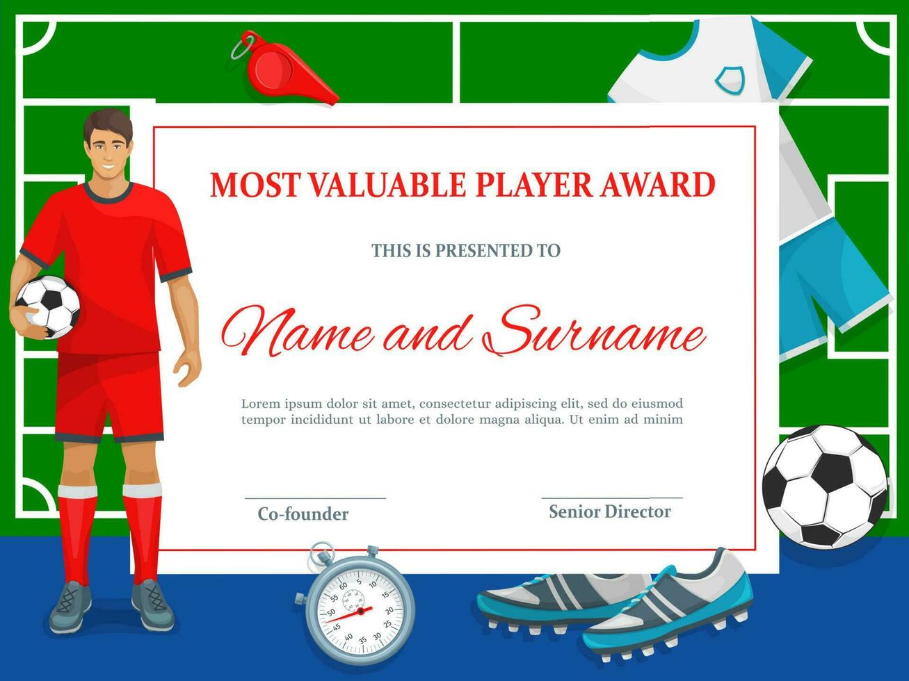 Certificate for soccer most valuable player frame vector