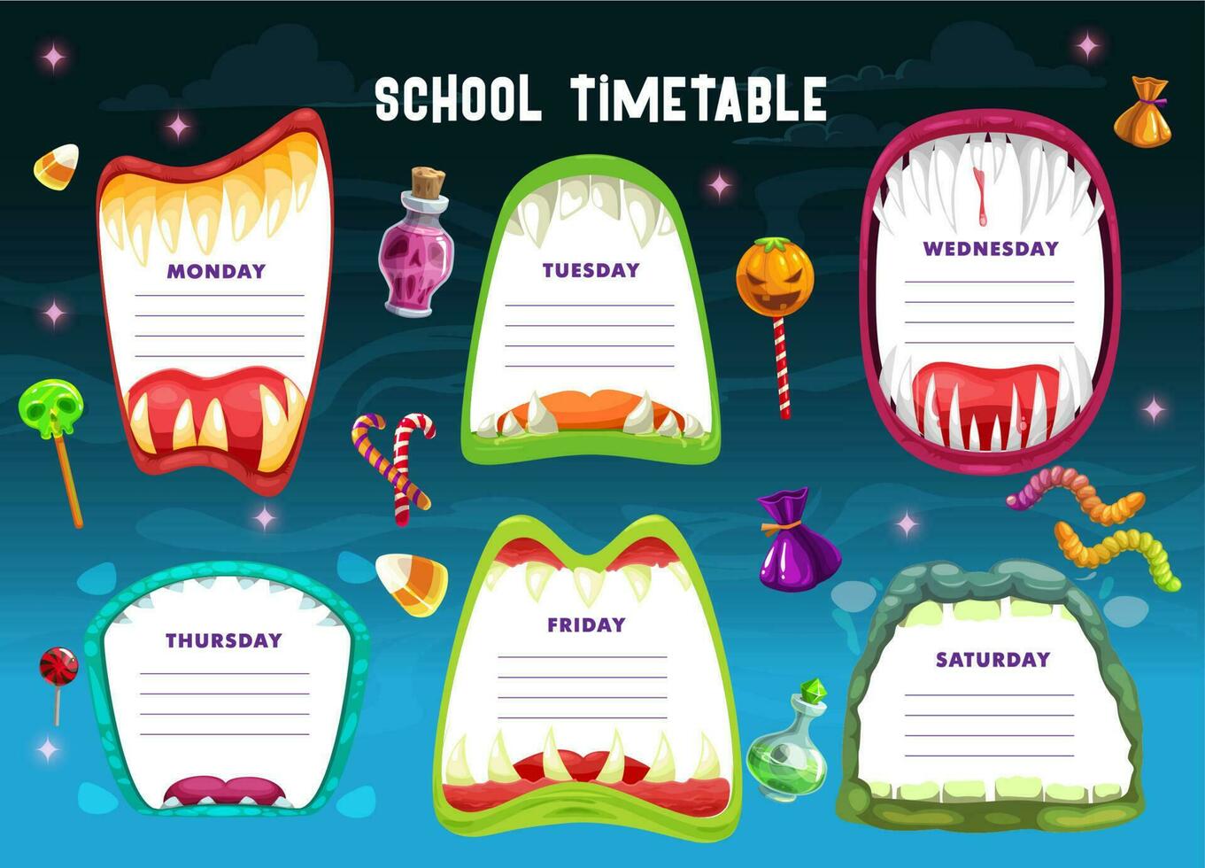 School schedule with Halloween monster mouths vector