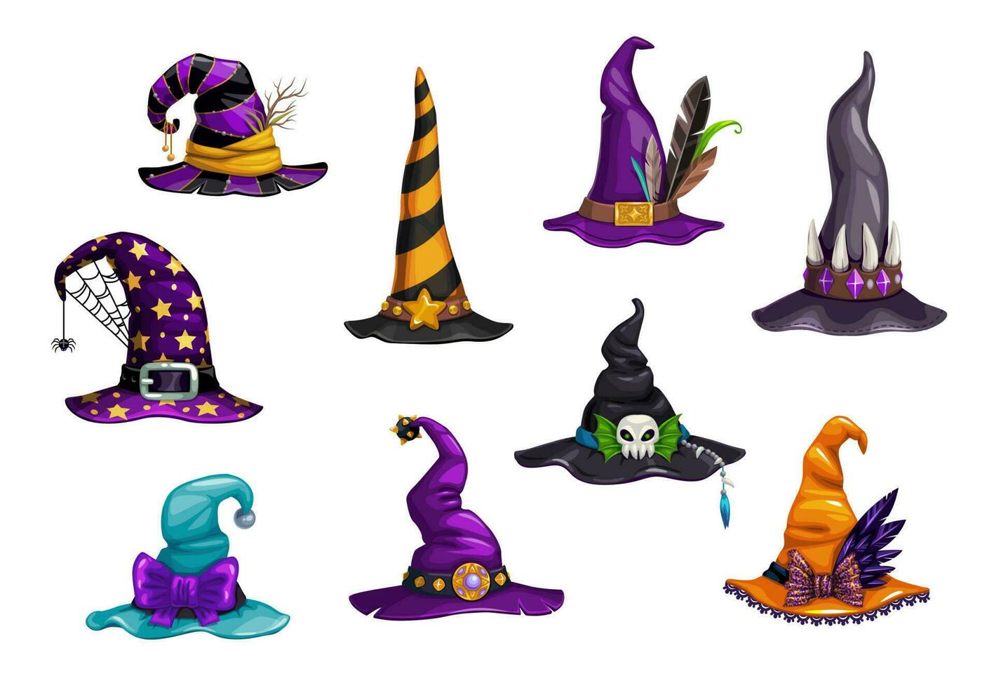 Halloween witch, magician and wizard hats or caps vector