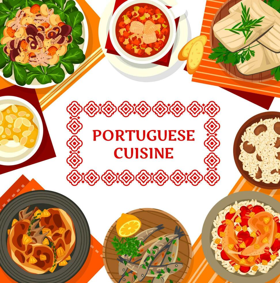 Portuguese cuisine seafood meals, dishes with meat vector