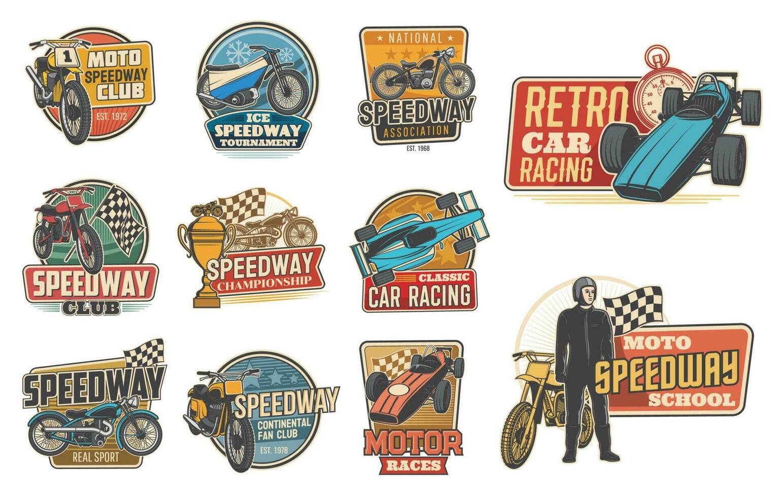 Speedway and car racing retro icons, sport races vector