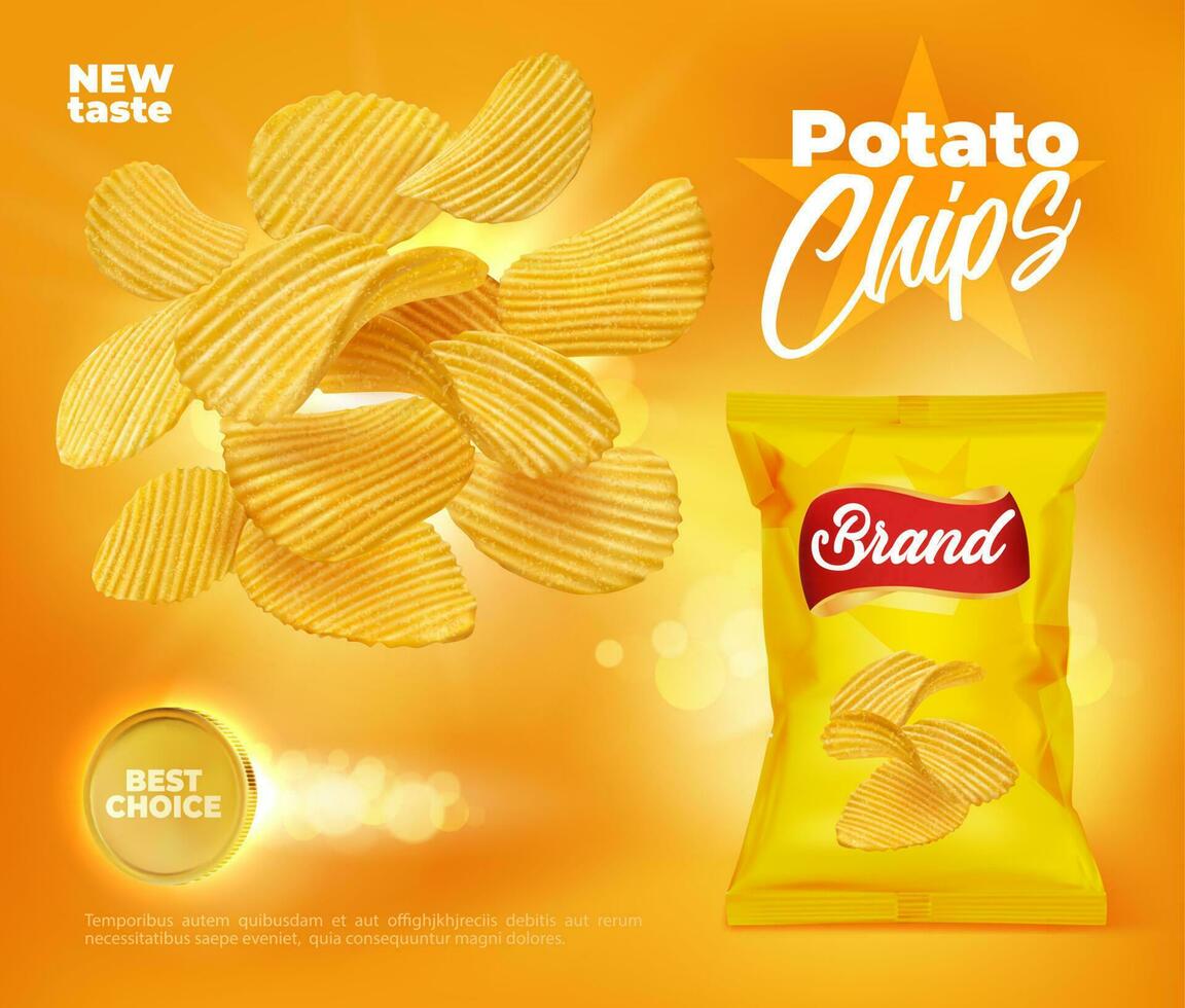 Crispy ripple potato chips and realistic package vector
