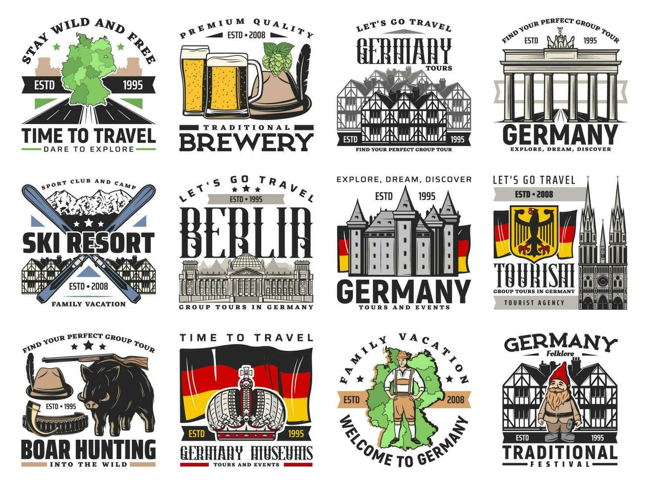 German travel icons, isolated flag, map of Germany vector