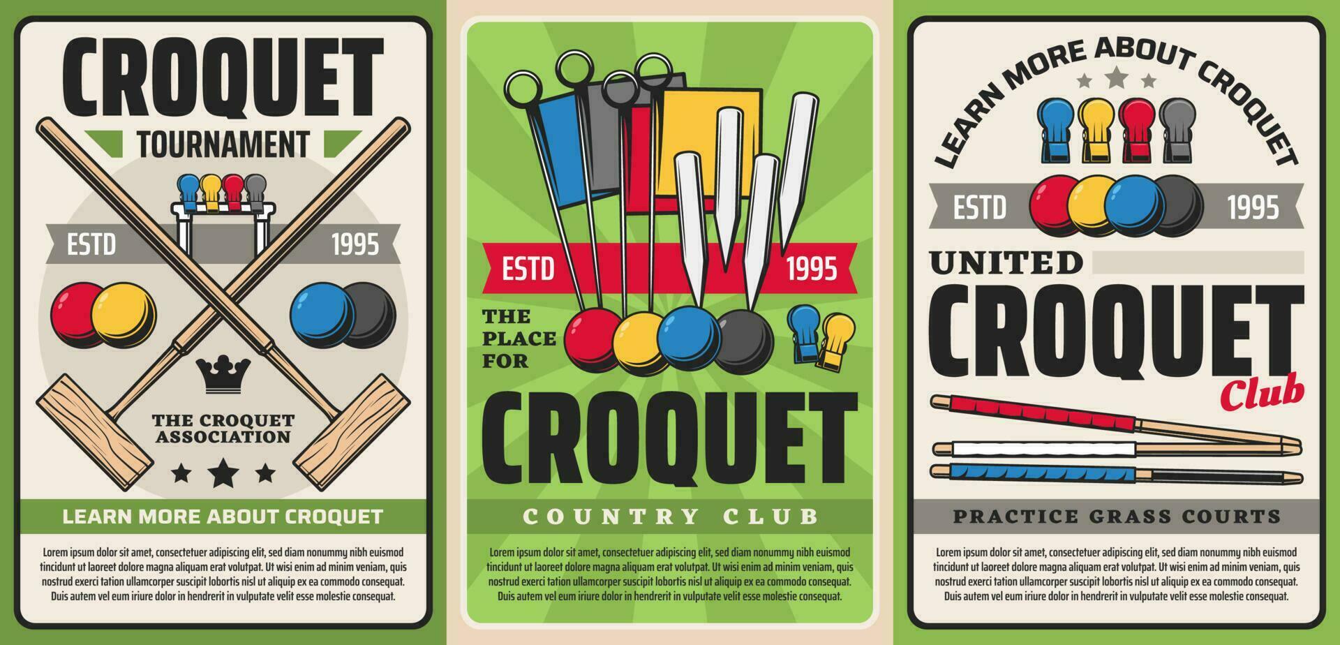 Retro posters of croquet sport club tournament vector