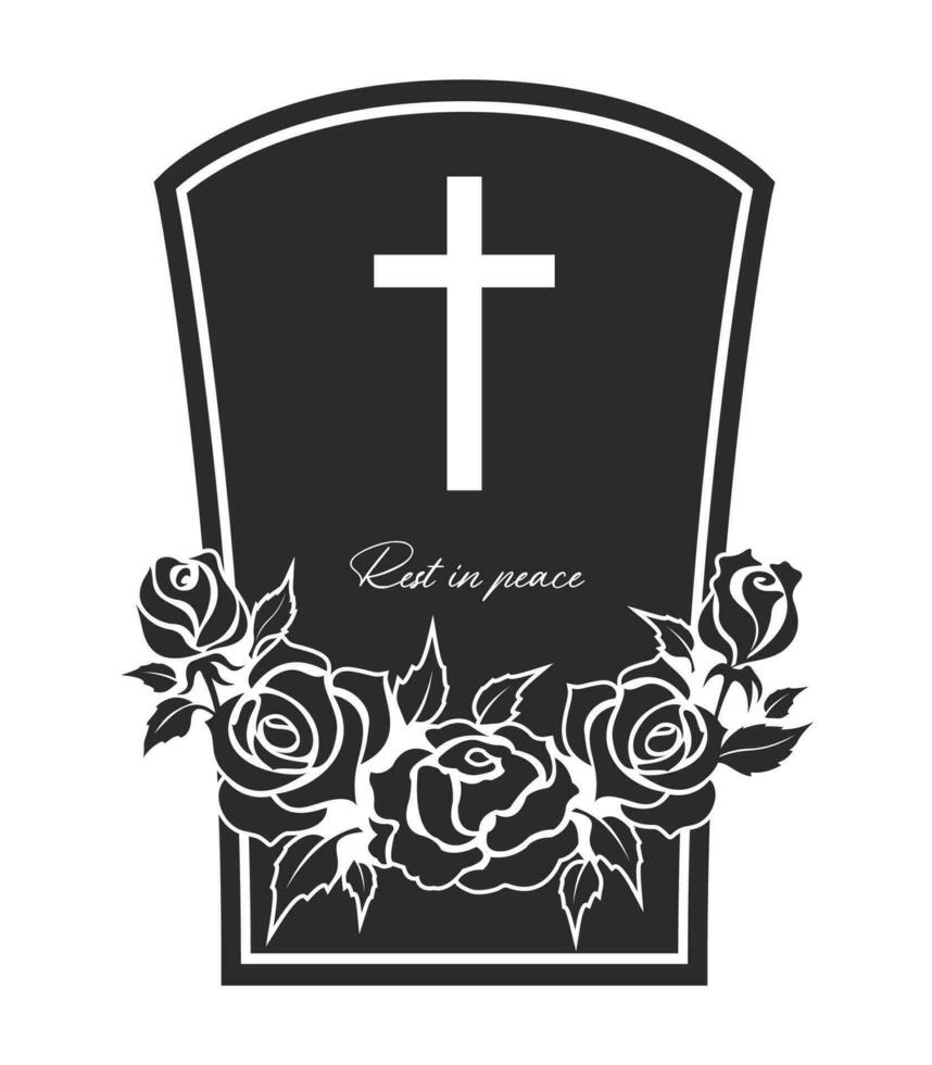 Funeral card, vector gravestone with rose flowers