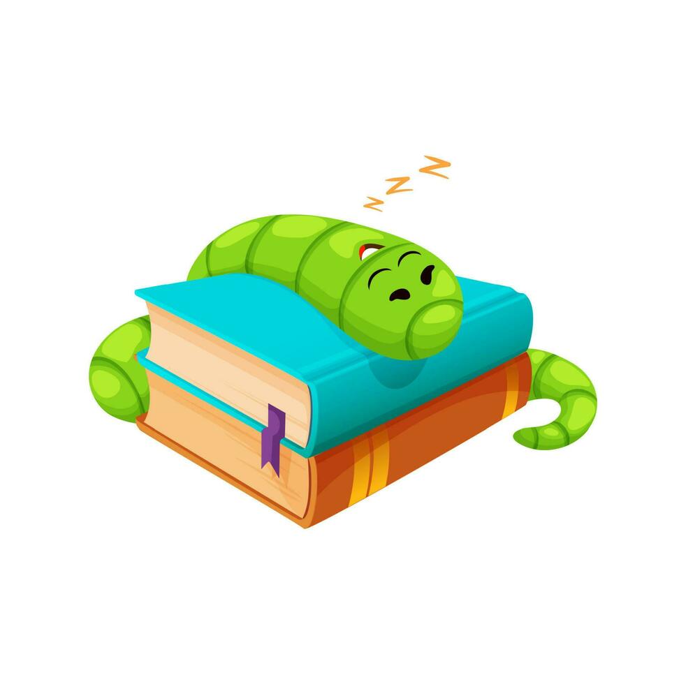Cartoon bookworm character sleeping on books pile vector