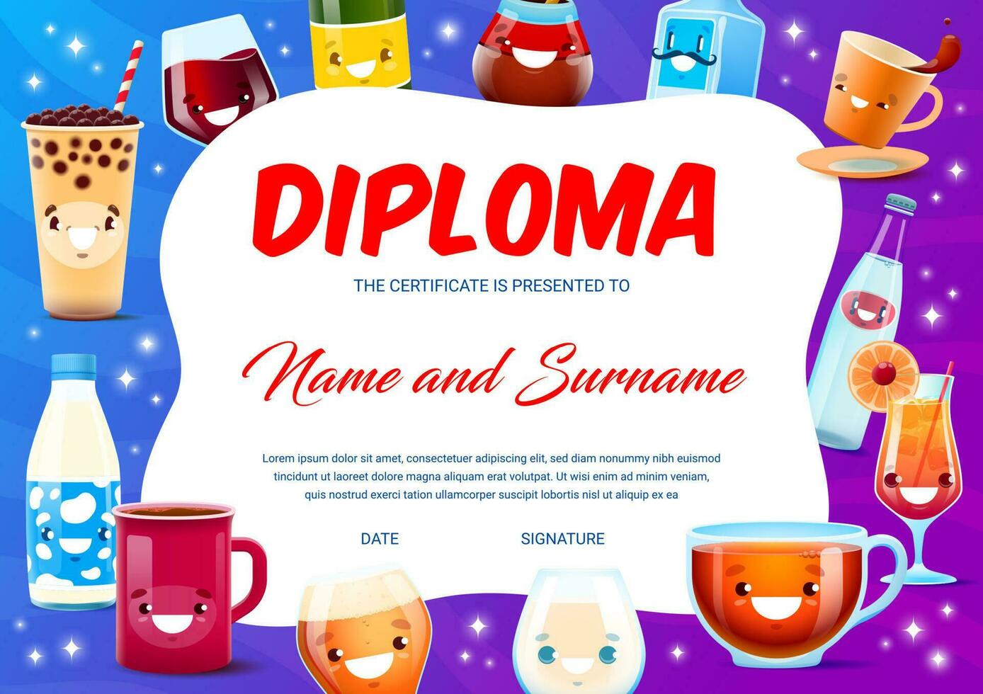 Sommelier or bartender diploma with cartoon drinks vector