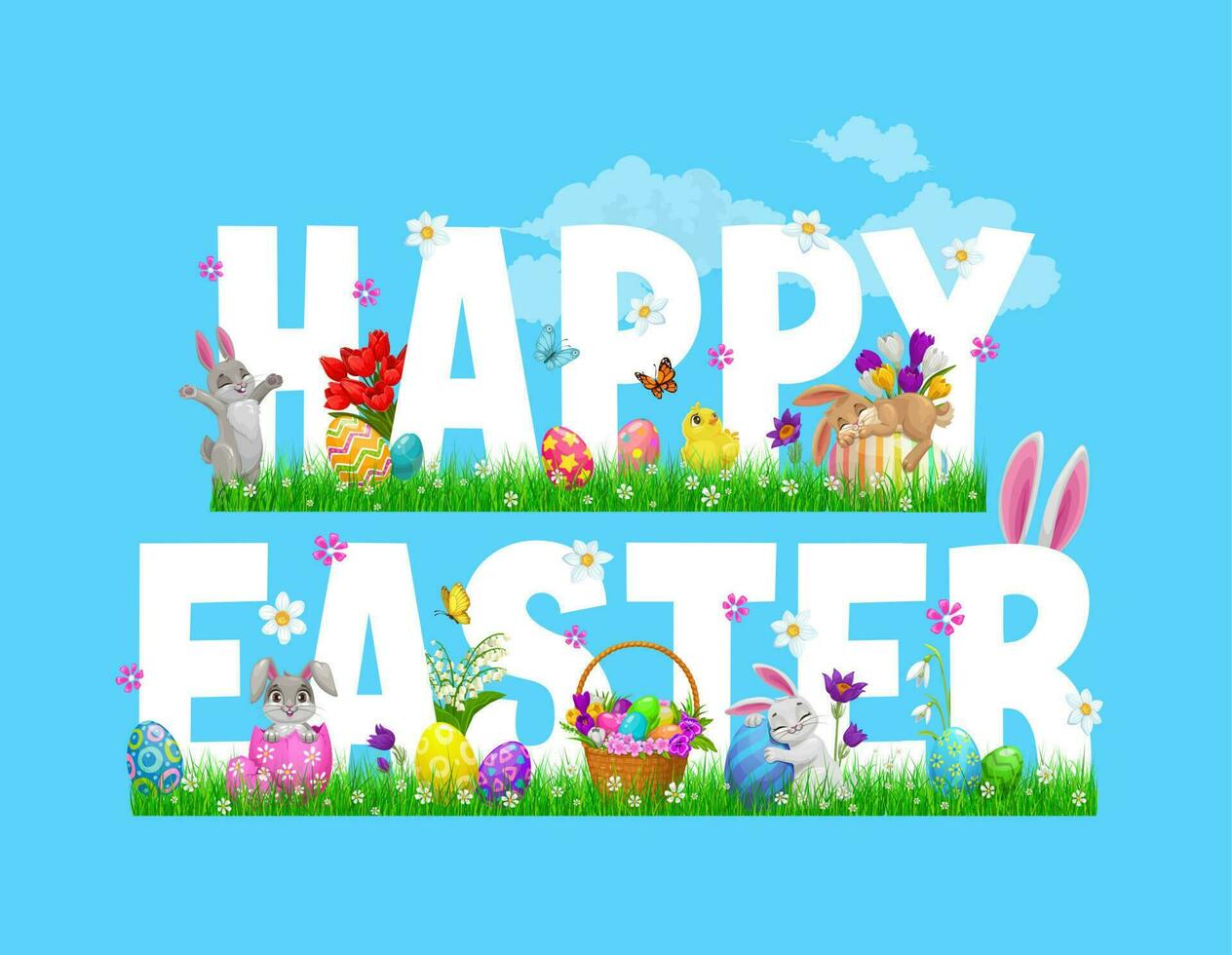 Easter bunnies, chicks and egg hunt basket vector
