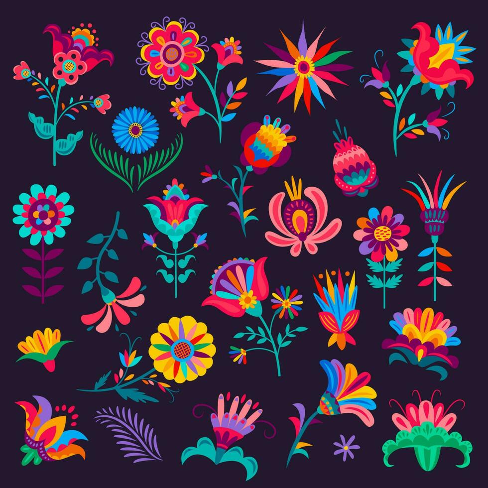 Cartoon mexican flowers, buds and blossoms, vector