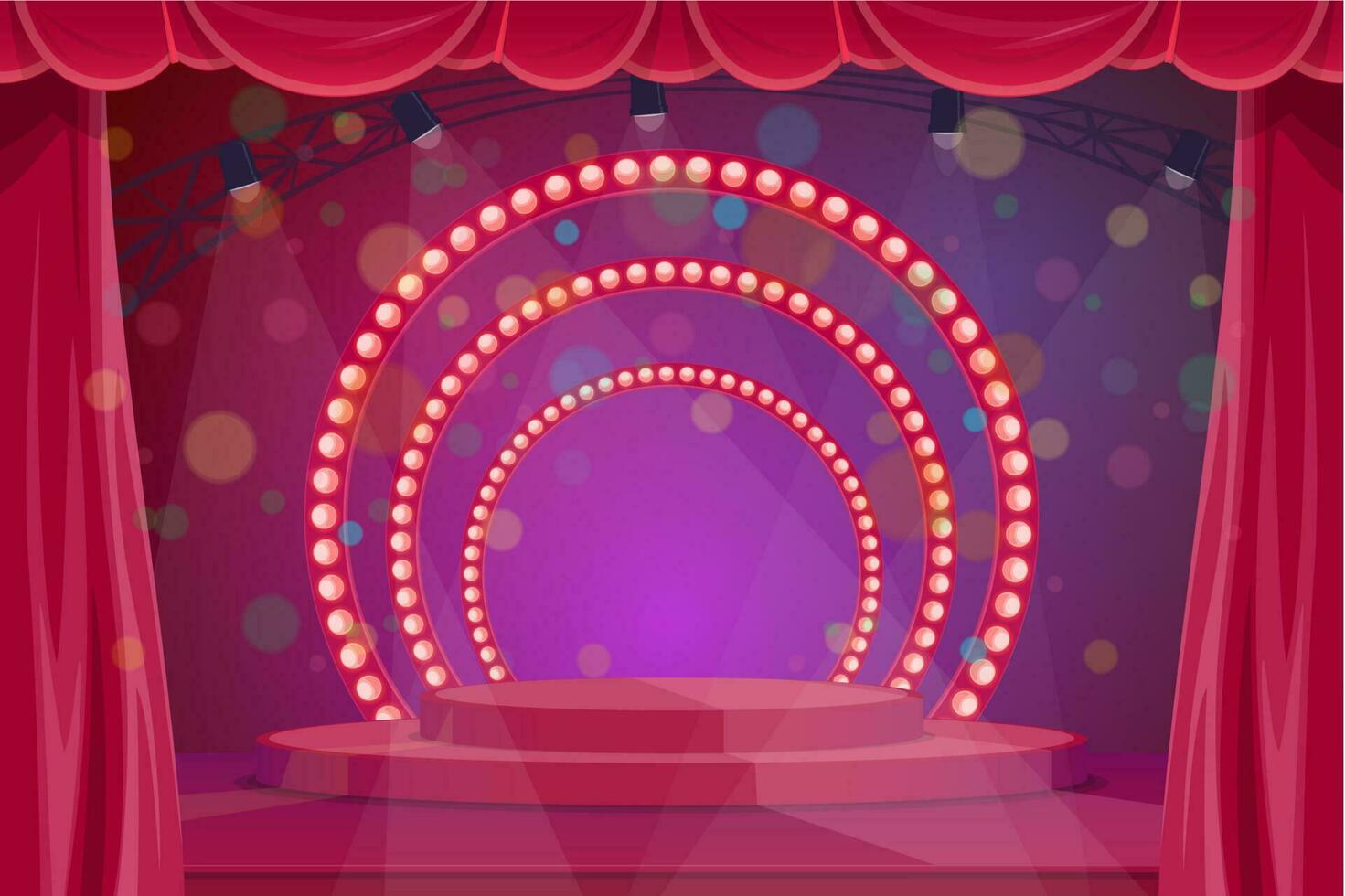 Cartoon stage with pedestal, curtain and spotlight vector