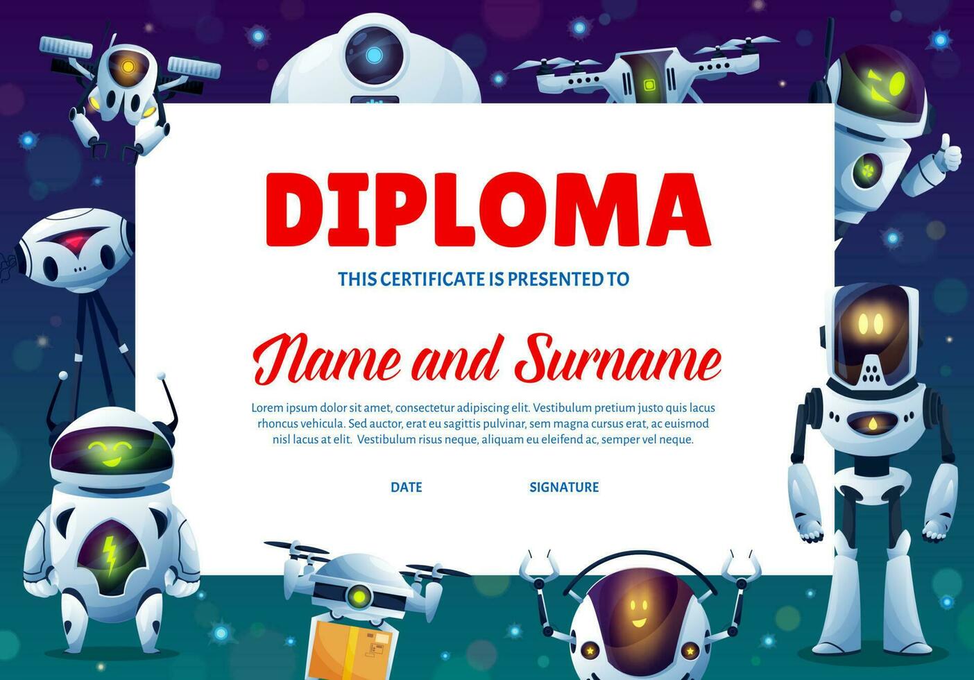 dibujos animados robots niños educación diploma, certificado vector