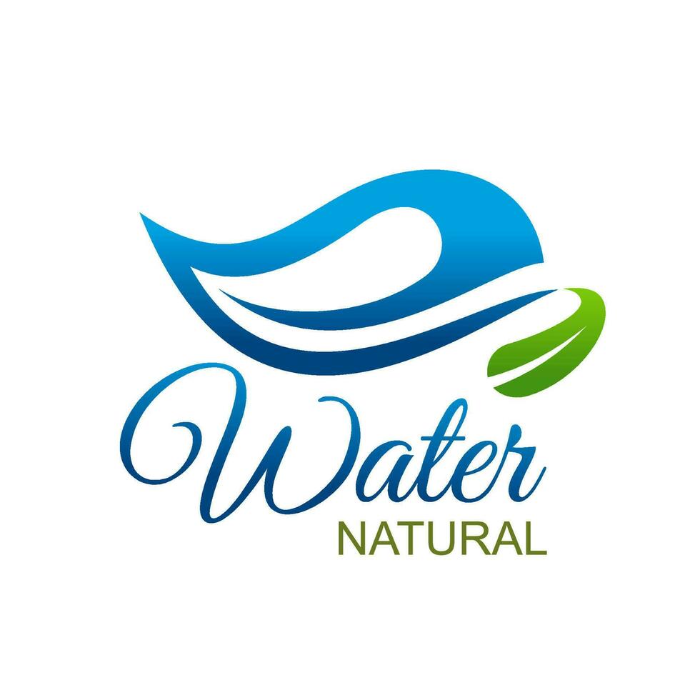 Natural water icon, mineral wave drop, green leaf vector