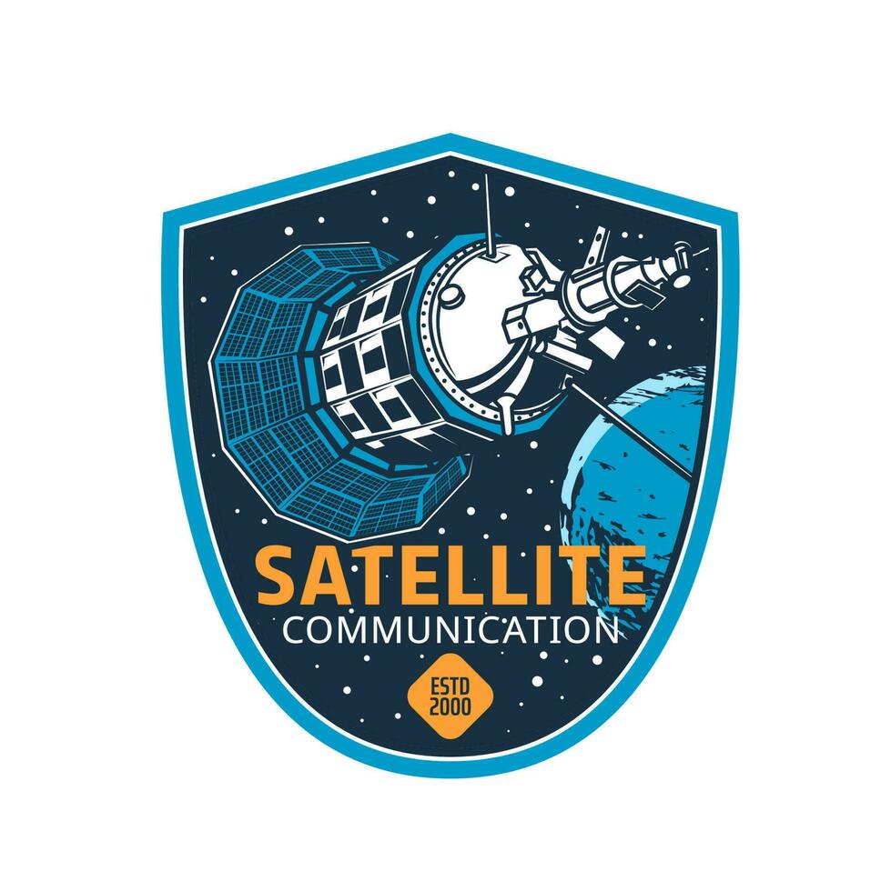 Telecommunication satellite icon, vector label