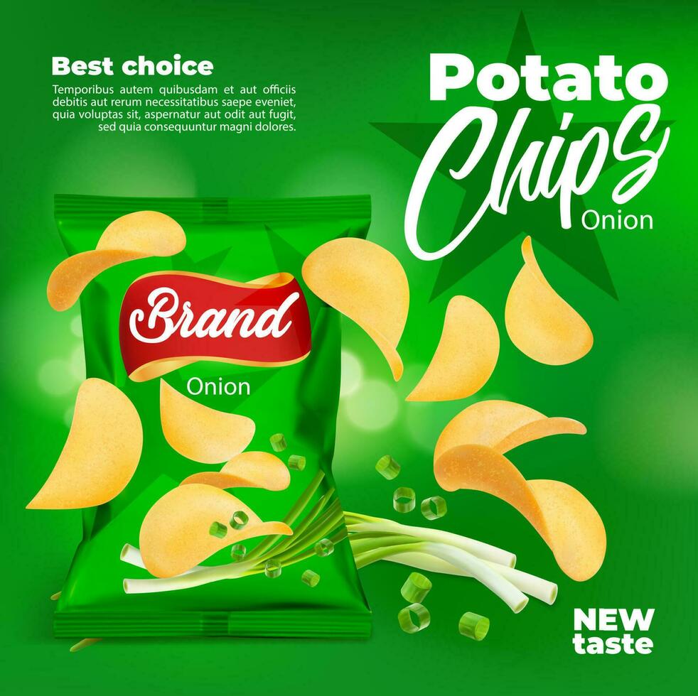 Realistic onion flavored potato chips snack vector