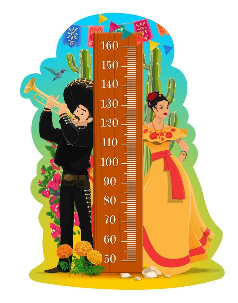 Kids height chart with Mexican mariachi and woman vector