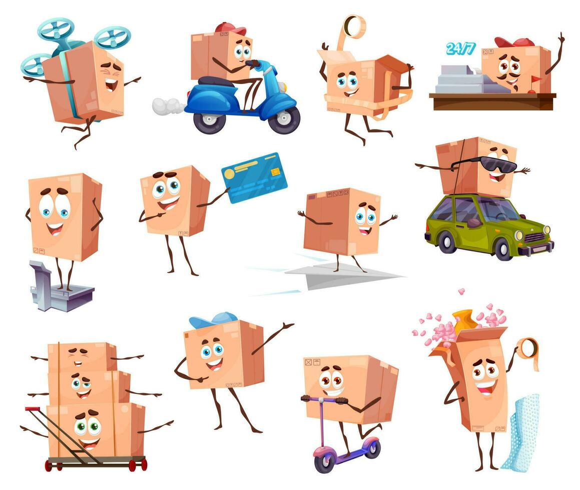 Cartoon packages and cardboard box characters vector