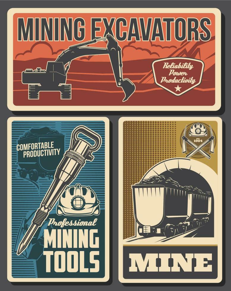 Coal mining equipment, miner tools, mine industry vector