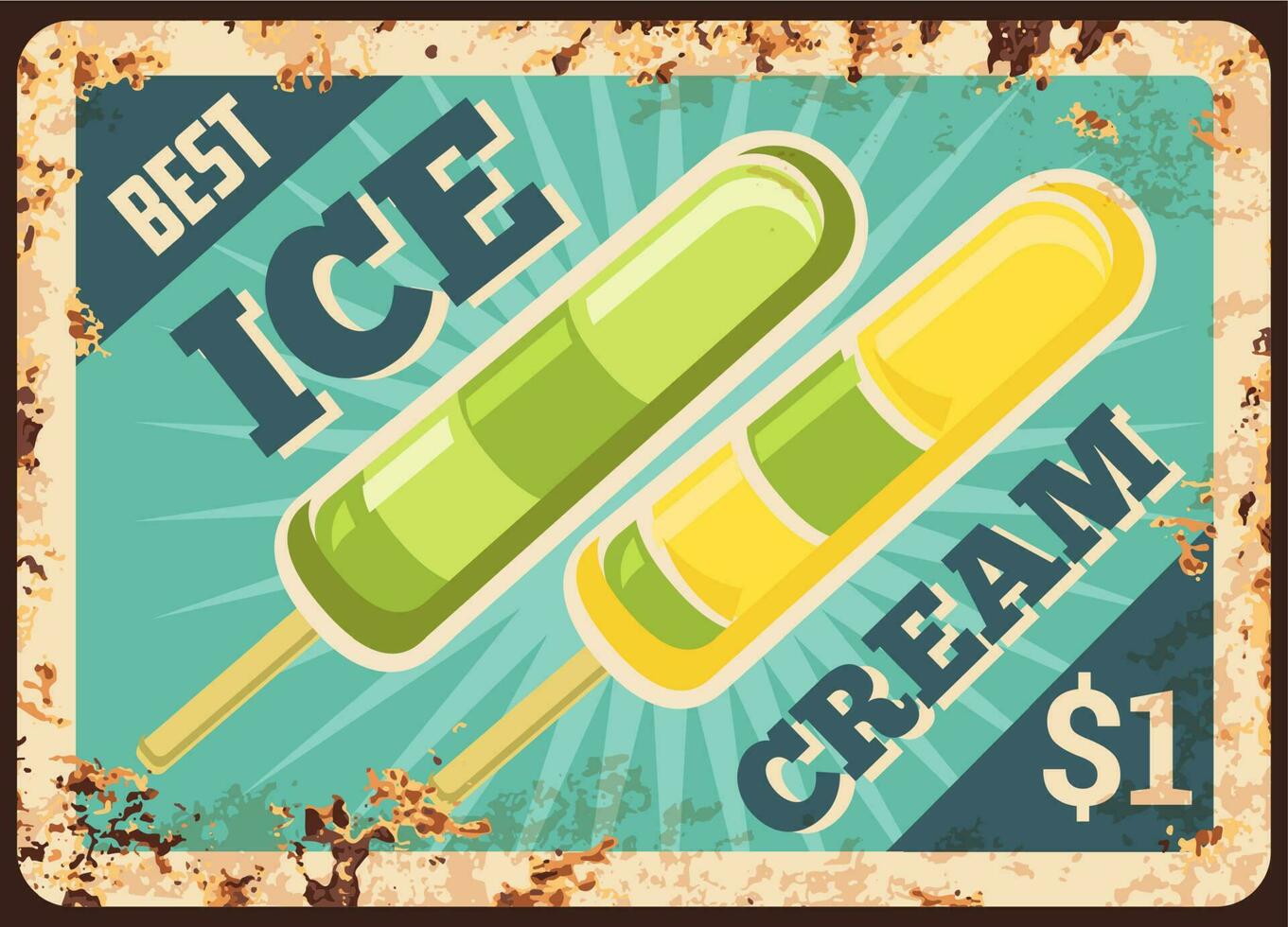 Fruit ice pop, juice ice cream rusty metal plate vector