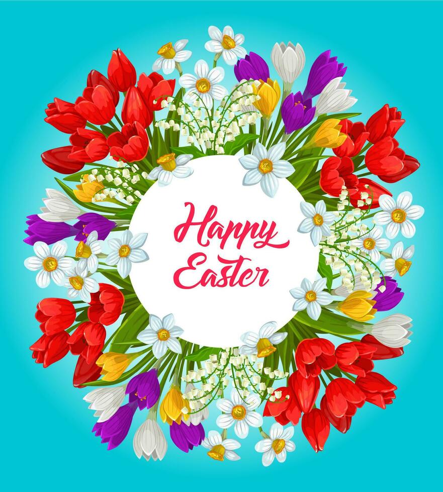 Happy Easter flower wreath poster, greeting card vector