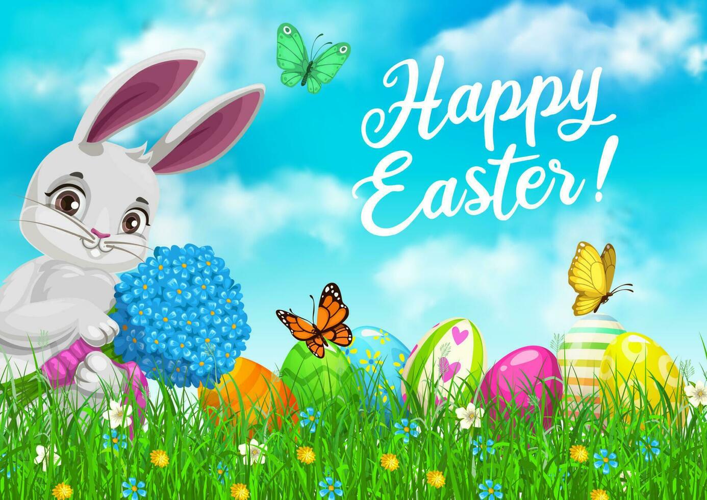 Easter bunny, flowers and eggs in green grass vector